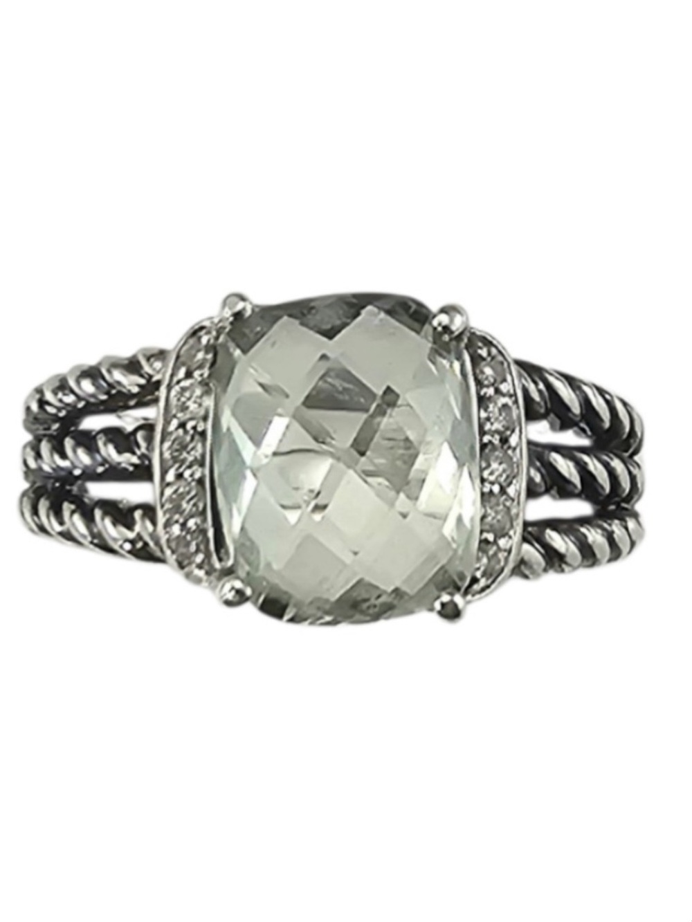 David Yurman Wheaton Cushion Cut Ring with Pale Green Prasiolite and 10 Diamonds
